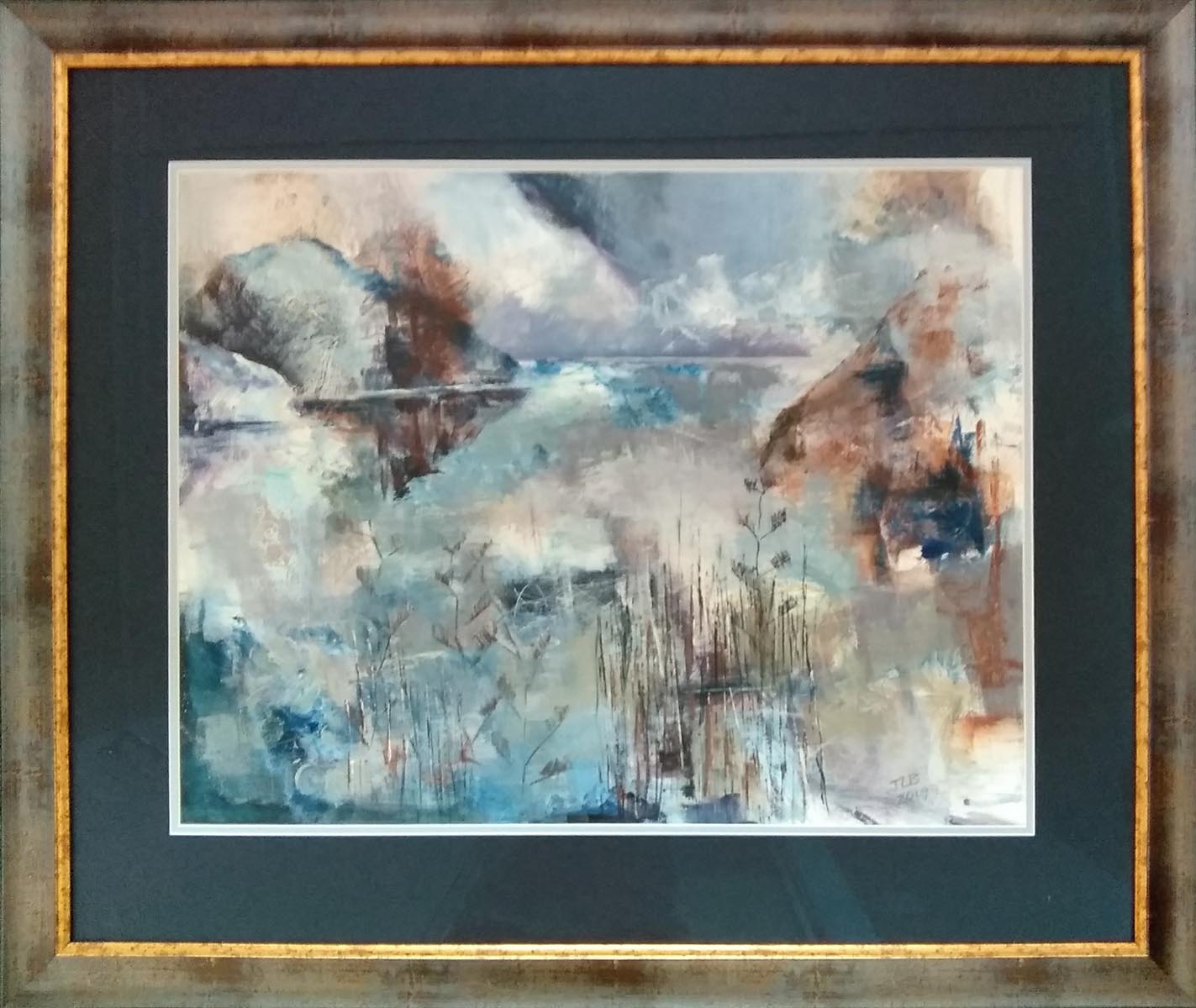 Abstract New Zealand Landscape painting by Jan Byres - framed